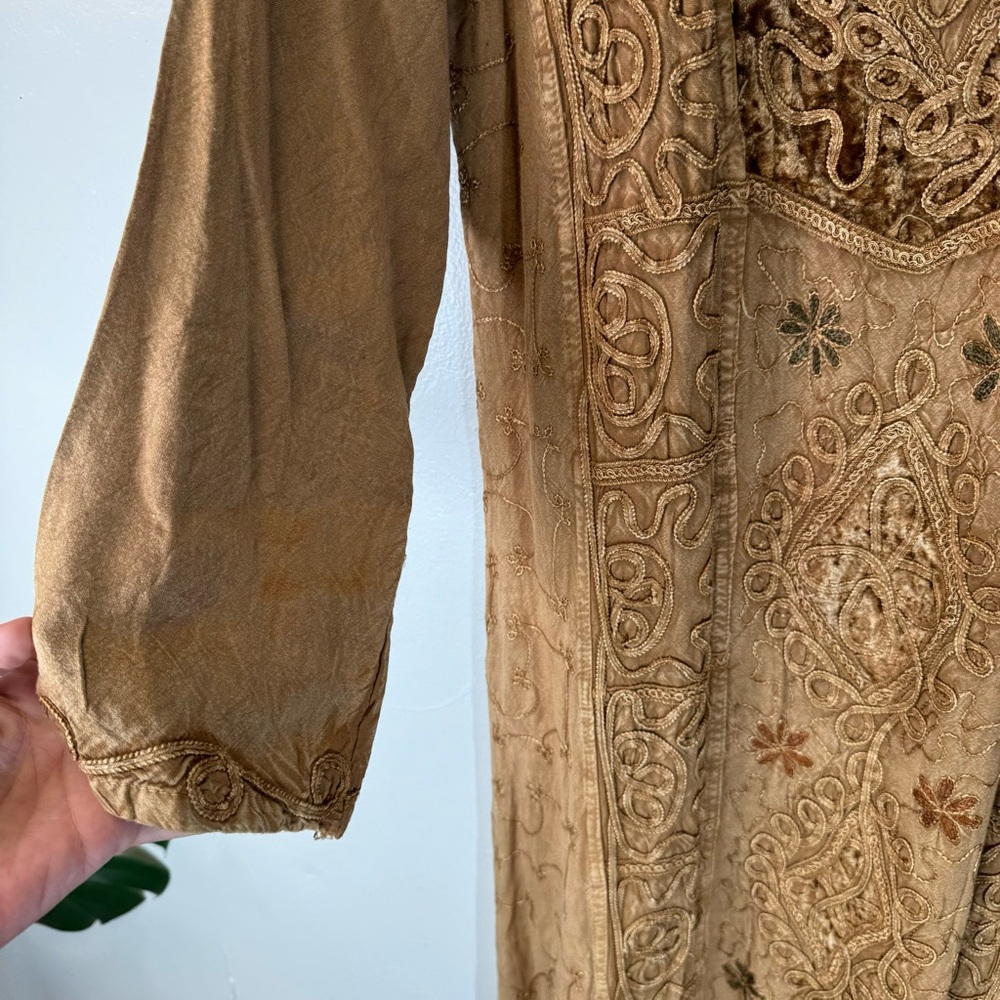Vintage Bohemian Embroidered Maxi Dress Brown Velvet  Detail Large one size boho - Picture 8 of 13